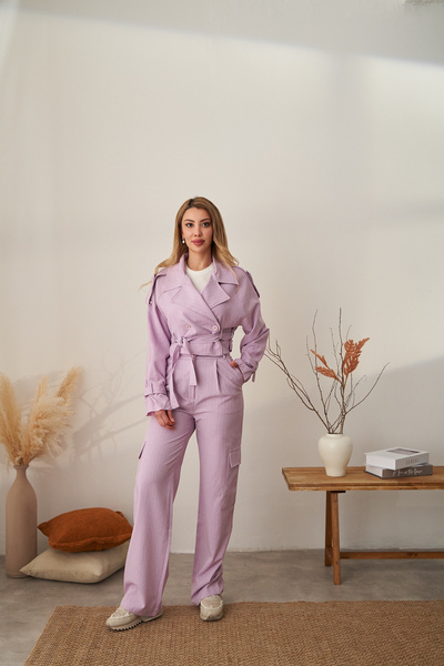 Rabia Çelik Kadın Lila Çizgili Kargo Pantolon Kısa Trençkot Takım Elbise