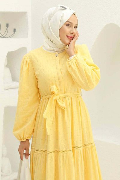 benguen Embossed Patterned Hijab Dress - Yellow 1002-1