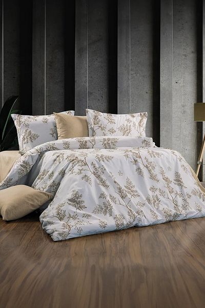 GARDEN ROOM Double Sharaja White Floor/Beige Floral Model Duvet Cover Set - with Elastic Sheet and Pillowcases