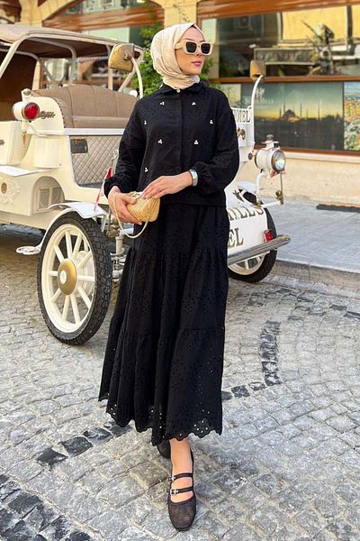 benguen Stone Detailed Scallop Skirt Suit Black 1427