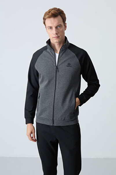 TOMMY LIFE Antrasit - Siyah Dik Yaka Çift Renk Rahat Form Klasik Paça Erkek Eşofman Takımı - 85113