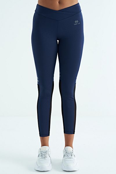 TOMMY LIFE Indigo Color Block Διχτυωτό Ψηλόμεσο Slim Fit Diver Fabric κολάν για γυναίκες - 94632