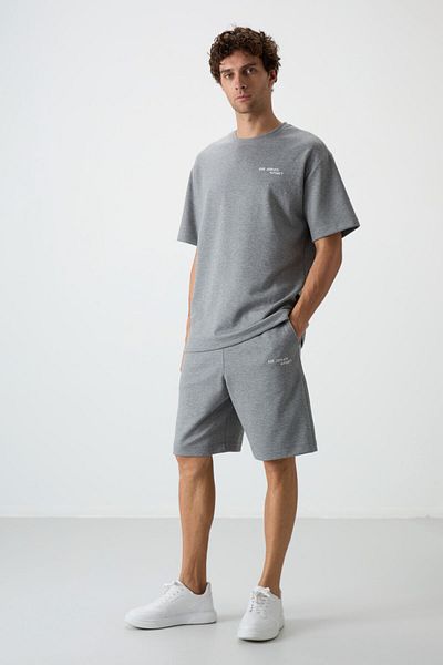 AIR JONES Gray Melange Cotton Thick Soft Textured Oversize Fit Embroidered Men's Shorts Set - 85250