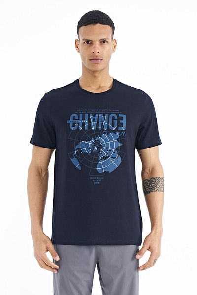 TOMMY LIFE Navy Blue Print Detailed O Neck Standard Mold Men's T-shirt - 88214