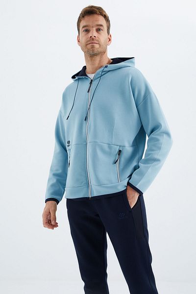 TOMMY LIFE Light Blue Hooded Men's Sweatshirt with Hidden Pocket Detail - 88288