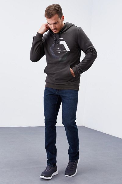 TOMMY LIFE Ανδρικό φούτερ με κουκούλα Khaki Geometric Printed Standard Fit - 87870
