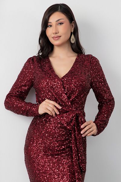 PULLIMM Rochie de seară cu paiete cu mânecă lungă, cu decolteu dublu, cu fundă în talie 39971