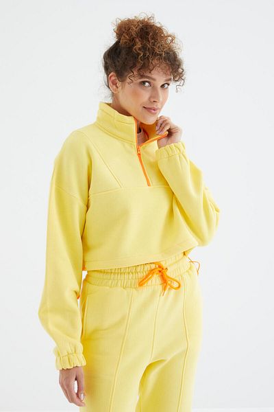 TOMMY LIFE Lămâie cu umăr scăzut, talie cu șnur, fermoar pe jumătate, trening oversize pentru femei - 95321