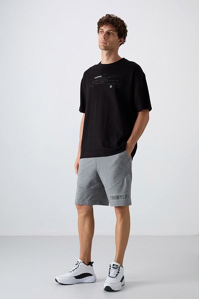 TOMMY LIFE Μαύρο βαμβακερό ανδρικό μπλουζάκι με χοντρή μαλακή υφή Oversize Fit Printed - 88326