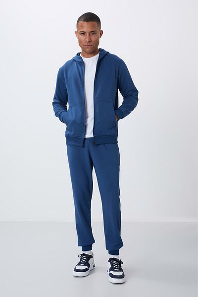TOMMY LIFE Ανδρική φόρμα αθλητικής φόρμας Comfort Fit με κουκούλα με κουκούλα από συμπαγή βαμβακερή χοντρή λεία υφή - 85262