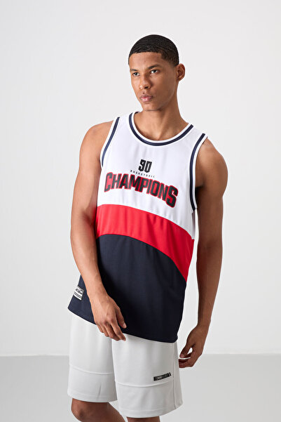 TOMMY LIFE Navy Blue Breathable Textured Slim Flexible Standard Fit Men's Basketball Singlet - 88395
