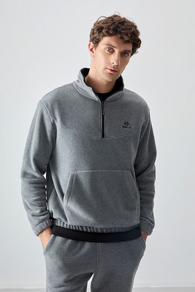 TOMMY LIFE Ανδρική φόρμα αθλητικής φόρμας Grey Melange με μισό φερμουάρ γιακάς από καουτσούκ Fleece - 85159