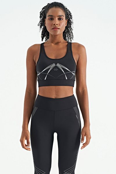 TOMMY LIFE Black Front and Back Print Detailed U-Neck Slim Fit Women's Sports Bustier - 97252