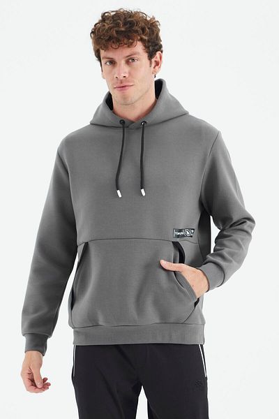 TOMMY LIFE Dark Gray Hooded Men's Sweatshirt with Hidden Pocket Detail - 88282