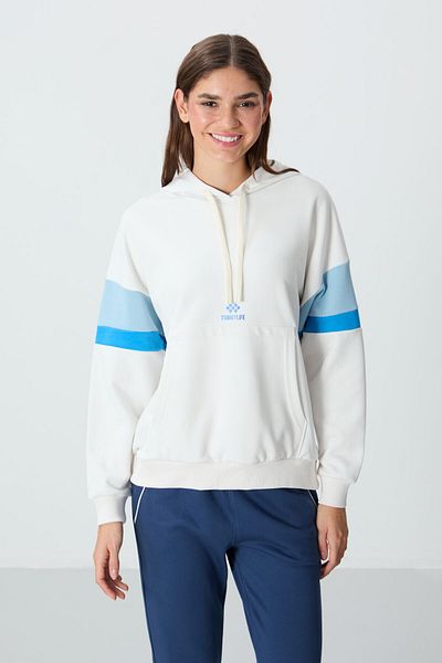 TOMMY LIFE Thick Smooth Textured Ecru Women's Sweatshirt - Hooded, Oversize Fit - 97290