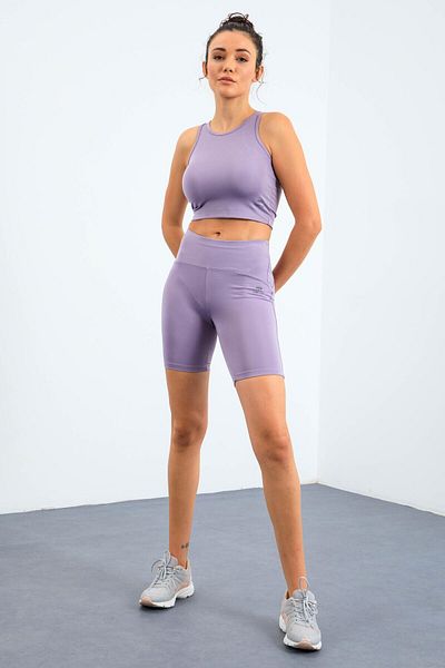 TOMMY LIFE Set de jambiere pentru femei, liliac, cu talie înaltă, strâns, crop biker - 95302
