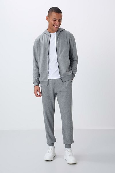 TOMMY LIFE Ανδρικό σετ αθλητικής φόρμας Compact Grey Melange Cotton - Χοντρό λείο, με κουκούλα, Comfort Fit - 85262
