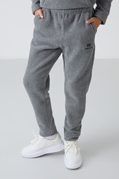 TOMMY LIFE Gri Melanj Kalın Yumuşak Dokulu Standart Fit Nakışlı Polar Erkek Çocuk Eşofman Takım - 11218