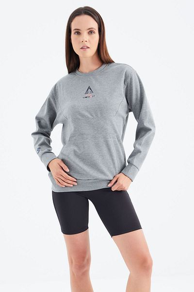 TOMMY LIFE Gray Melange O-Neck Pocket Detailed Oversize Women's Sweatshirt - 97276