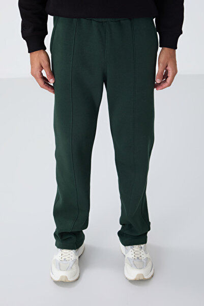 TOMMY LIFE Çam Yeşil Pamuklu Kalın İçi Tüylü Yumuşak Dokulu Oversize Nakışlı Erkek Eşofman Altı -82146