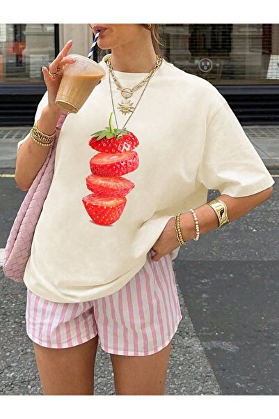 PENTHİLUS Women's Summer Short Sleeve Large Size Strawberry Printed T-Shirt