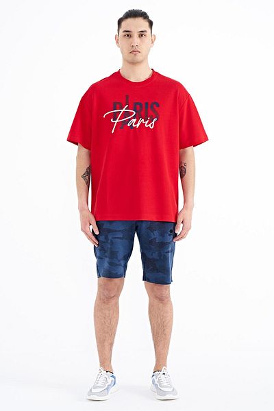 TOMMY LIFE Red Text Embroidered O Neck Oversize Men's T-shirt - 88223