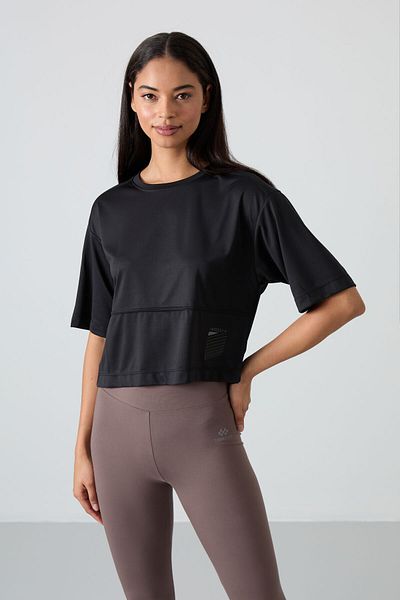 TOMMY LIFE Black Breathable Textured Thin Flexible Oversize Fit Performance Women's T-Shirt - 97284