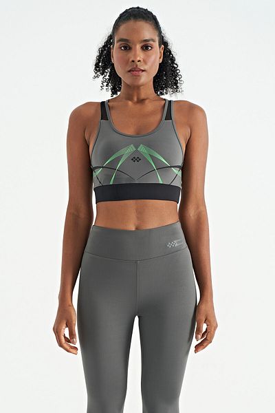 TOMMY LIFE Dark Gray Front and Back Print Detailed U-Neck Slim Fit Women's Sports Bustier - 97252