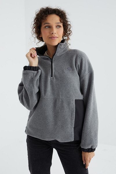 TOMMY LIFE Gray Melange Half Zipper Hem Gathered High Collar Oversize Women's Fleece Sweatshirt - 97236