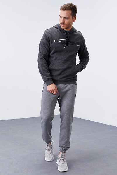 TOMMY LIFE Ανδρικό φούτερ - Anthracite Melange, Kangaroo Pocket, Hoodie, Standard Fit - 87883