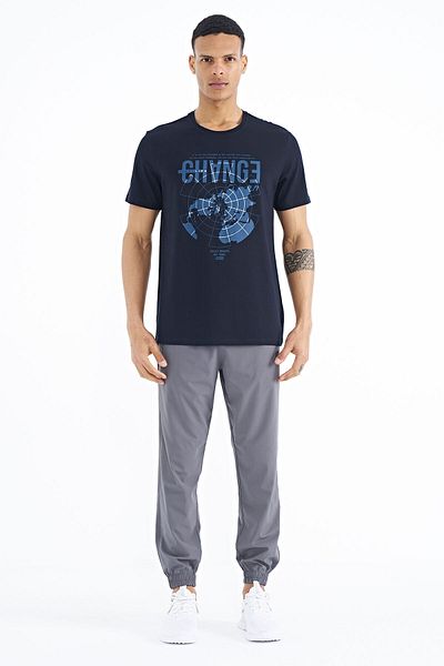 TOMMY LIFE Navy Blue Print Detailed O Neck Standard Mold Men's T-shirt - 88214