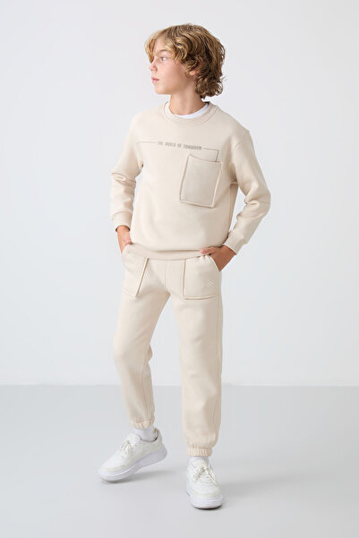 TOMMY LIFE Μπεζ βαμβακερό χοντρό ύφασμα με μαλακή υφή, τυπική εφαρμογή, εμπριμέ αγορίστικο κοστούμι αθλητικής φόρμας - 11257