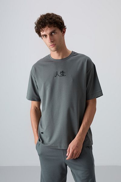 TOMMY LIFE Ανδρικό T-Shirt Khaki Cotton Oversize - Χοντρό μαλακό, εμπριμέ - 88342