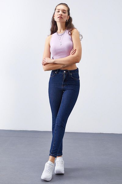 TOMMY LIFE Dark Blue High Waist Slim Fit Women's Trousers - 94612