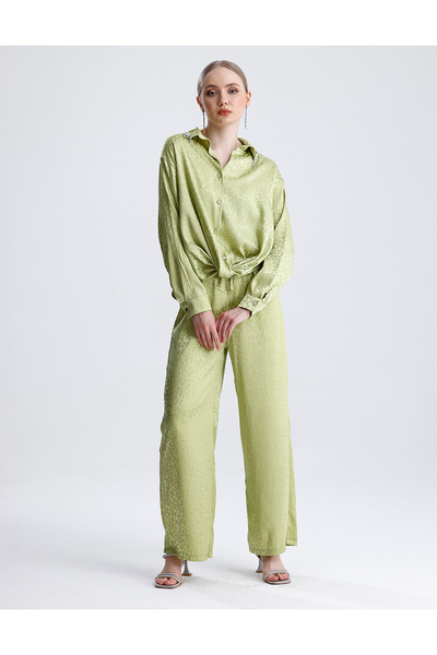 MD trend Women's Patterned Collar Stone Detailed Tie Satin Shirt and Trousers Double Set