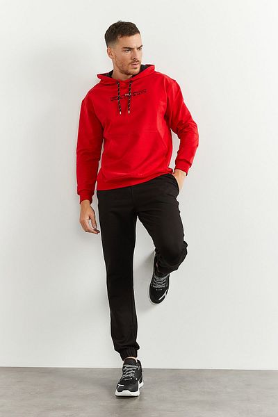 TOMMY LIFE Set de trening supradimensionat pentru bărbați - glugă roșie neagră, buzunar cangur - picior cauciucat - 85117