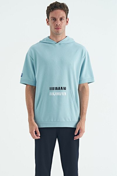 TOMMY LIFE Light Blue Kangaroo Pocket Text Embroidery Hooded Men's T-Shirt - 88195
