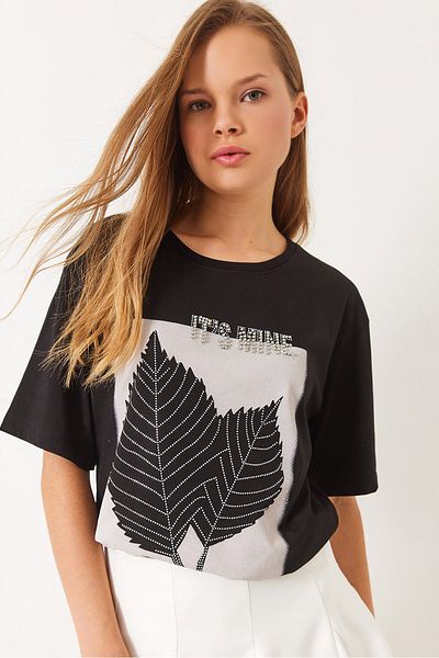 Bianco Lucci Women's Crew Neck Beaded Stone Detailed Leaf Pattern Printed T-Shirt 60261390