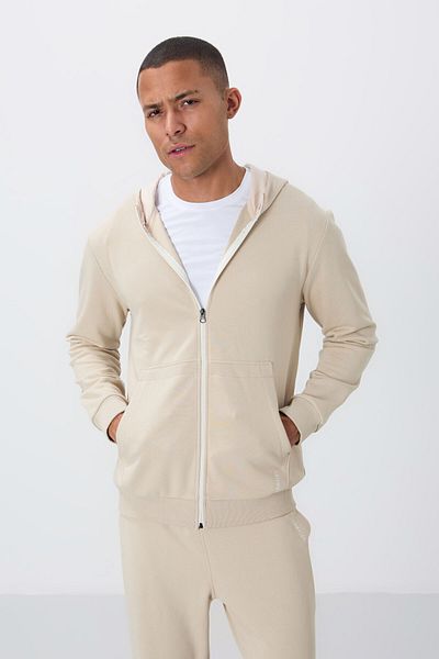 TOMMY LIFE Σετ ανδρικής φόρμας Comfort Fit με κουκούλα από μπεζ συμπαγή βαμβακερή χοντρή λεία υφή - 85262