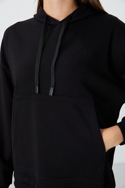 TOMMY LIFE Hanorac negru supradimensionat cu glugă pentru femei cu textura netedă groasă - 97291
