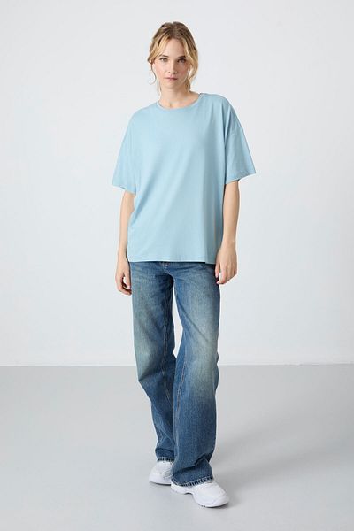 TOMMY LIFE Tricou supradimensionat pentru femei, albastru deschis, cu nasturi moi - 97285