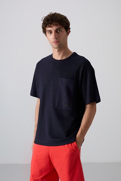 TOMMY LIFE Ανδρικό μπλουζάκι Navy Blue Cotton Thick Surface Texture Oversize Fit Basic - 88341