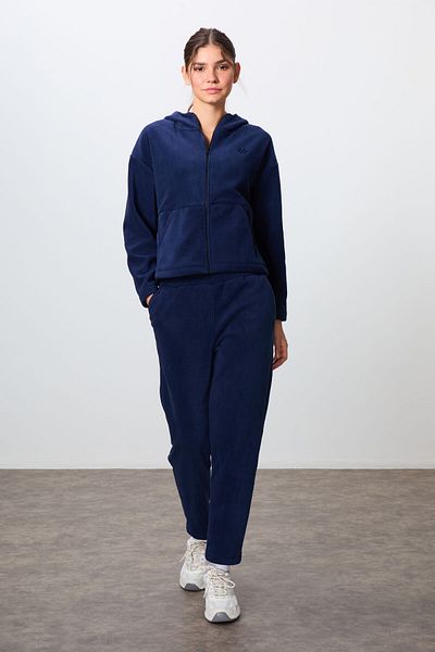TOMMY LIFE Γυναικεία αθλητική φόρμα Navy Blue κεντημένη Oversize Fleece - Χοντρή απαλή υφή, με κουκούλα -95338