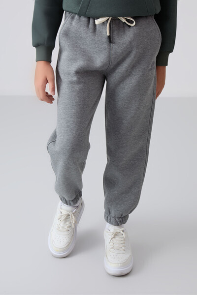 TOMMY LIFE Gri Melanj Pamuklu Kalın İçi Tüylü Standart Fit Baskılı Erkek Çocuk Eşofman Alt - 11225