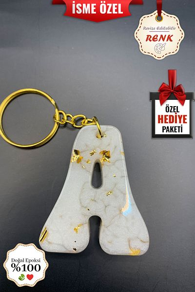 BİZİMSÜS Letter a Marble Patterned White Keychain - Gift Keychain - Epoxy