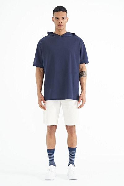 TOMMY LIFE Ανδρικό μπλουζάκι Indigo Oversize με κουκούλα και ετικέτα μανίκι - 88179