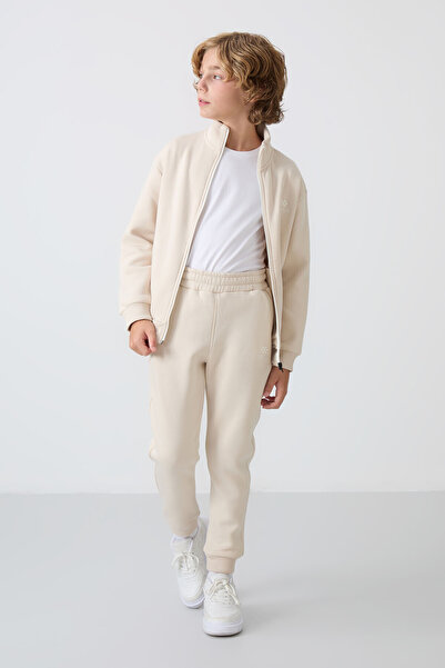 TOMMY LIFE Bej Pamuklu Kalın İçi Tüylü Yumuşak Dokulu Standart Fit Nakışlı Erkek Çocuk Eşofman Takım - 11256