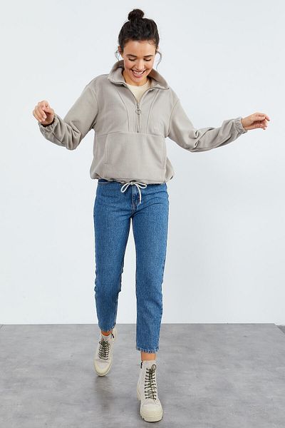 TOMMY LIFE Γυναικείο φούτερ φλις oversize σε σκούρο μπεζ μισό φερμουάρ - 97171