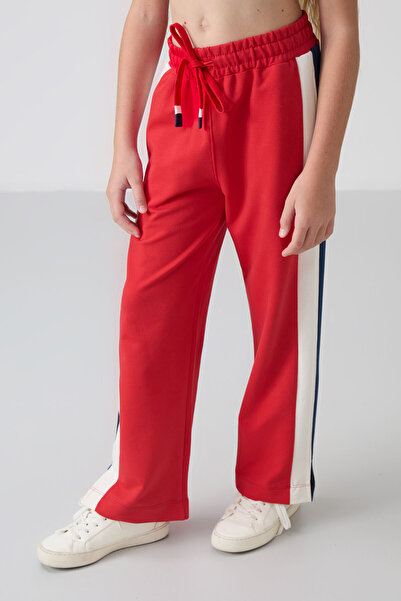 TOMMY LIFE Açık Kırmızı Yırtmaç Detaylı Cepli Geniş Paça Kız Çocuk Eşofman Alt - 75141