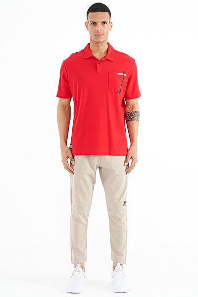 TOMMY LIFE Red Pocket Detailed Printed Standard Fit Polo Neck Men's T-shirt - 88241